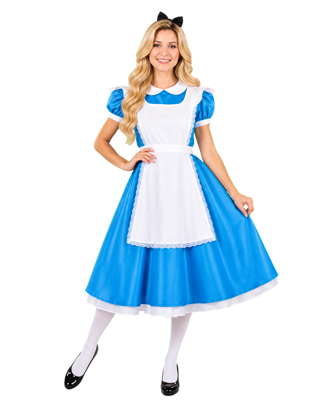 Whimsical tea party friend character with long blonde hair in a blue dress and white apron