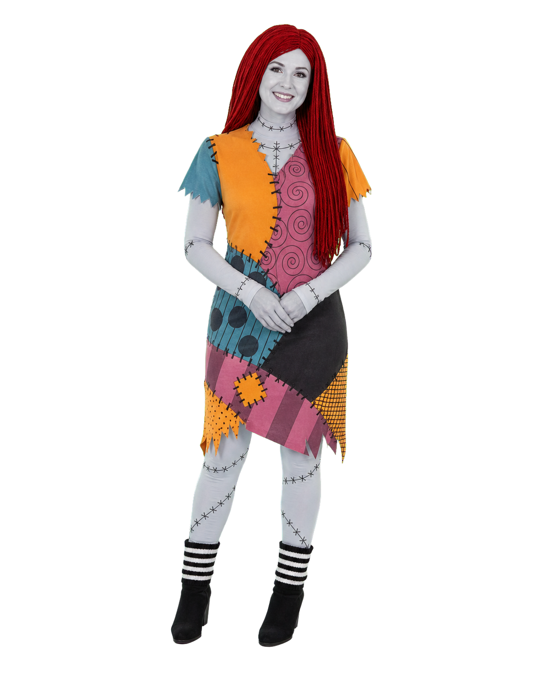 Patchwork doll character with a grey face and grey hands in a handmade-style outfit