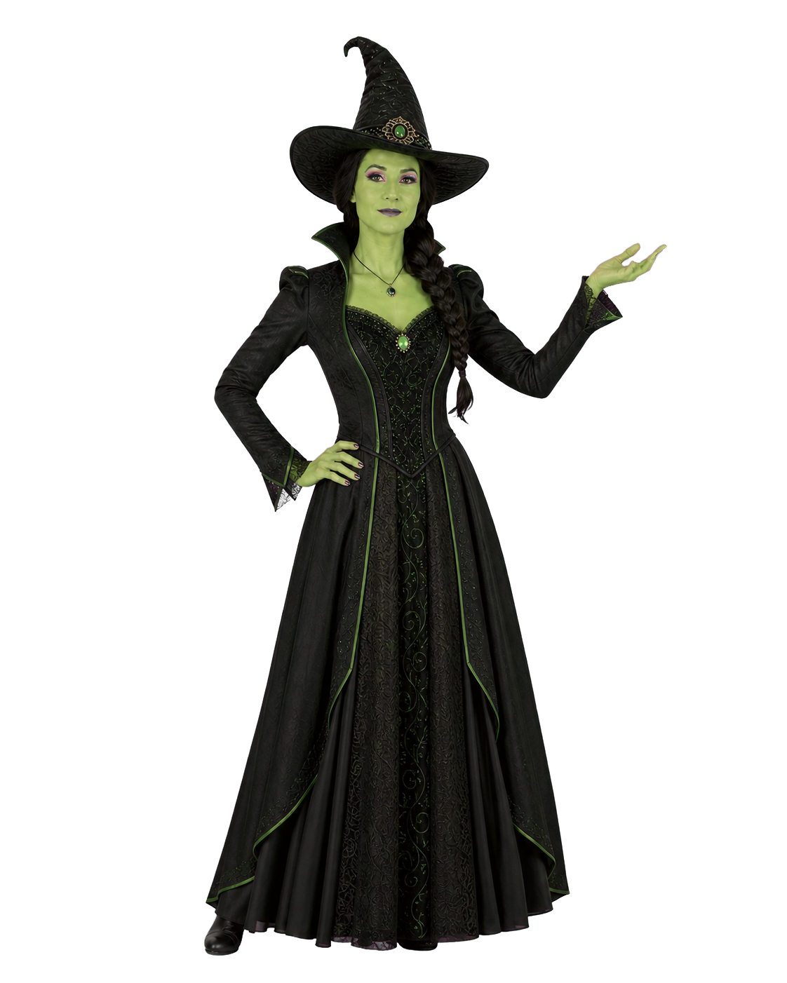 Emerald witch performer with green skin, a pointed hat, and a long dark braid
